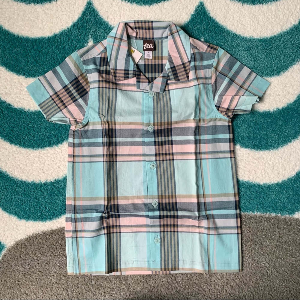 NWT - Tea Collection Plaid Woven Camp Shirt (Blue/Pink) Size 6